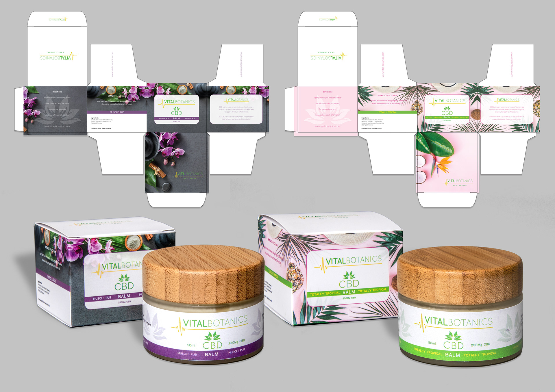 CBD muscle relaxant balm, labels and boxes
