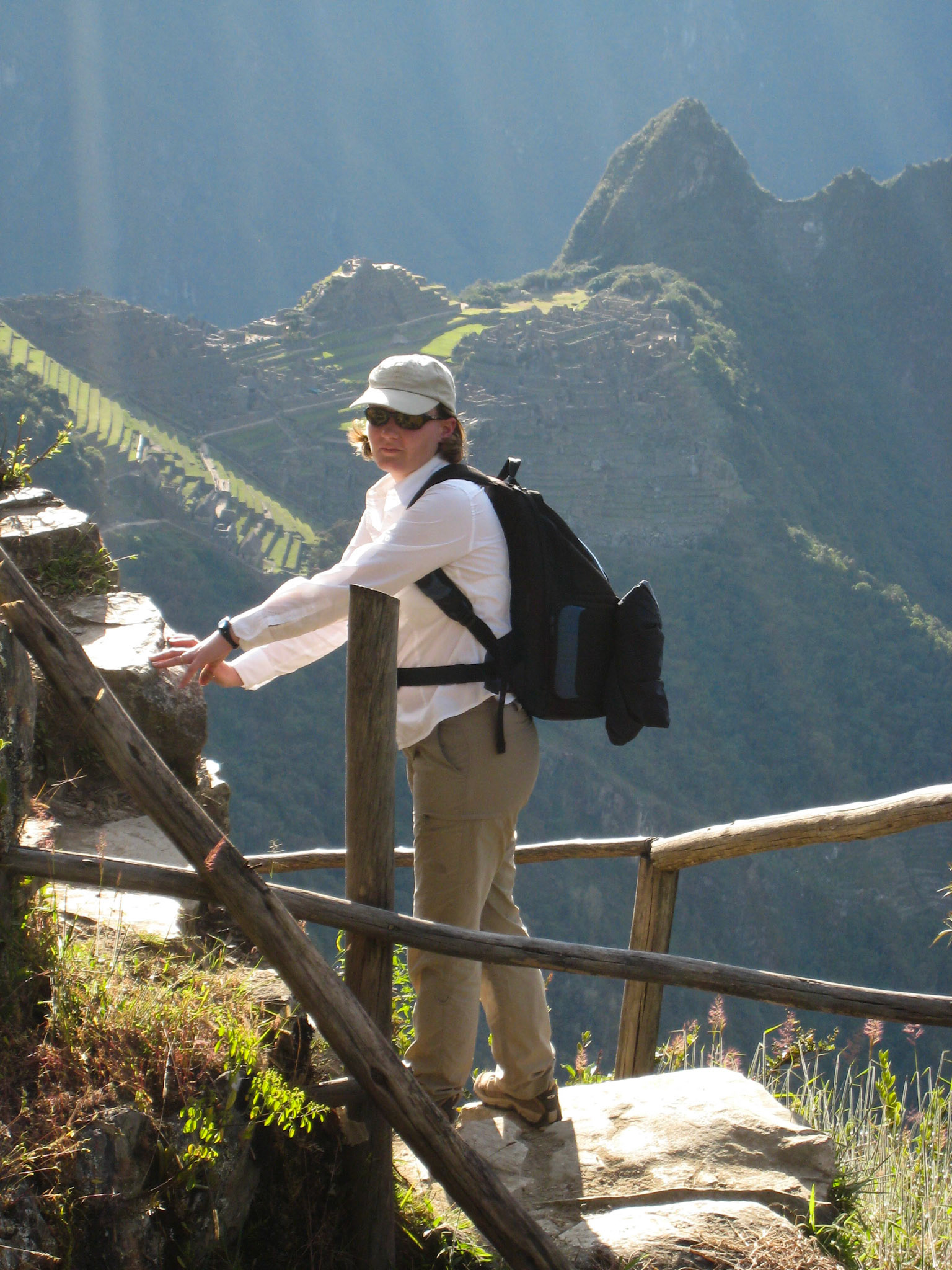 Sue holding on - Inca Trail