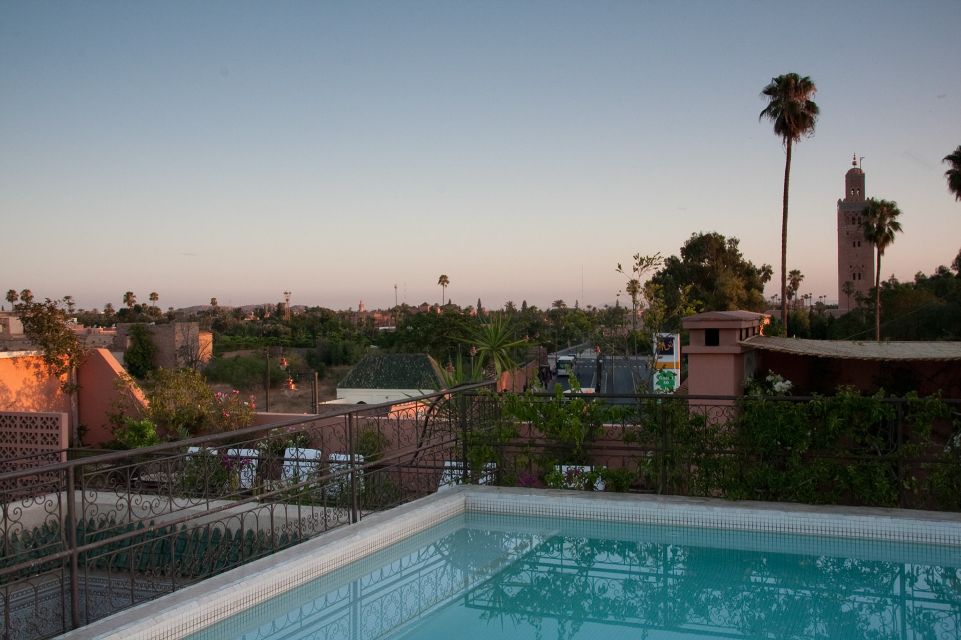 View from the roof terrace at sunrise, inc the Koutoubia mosque