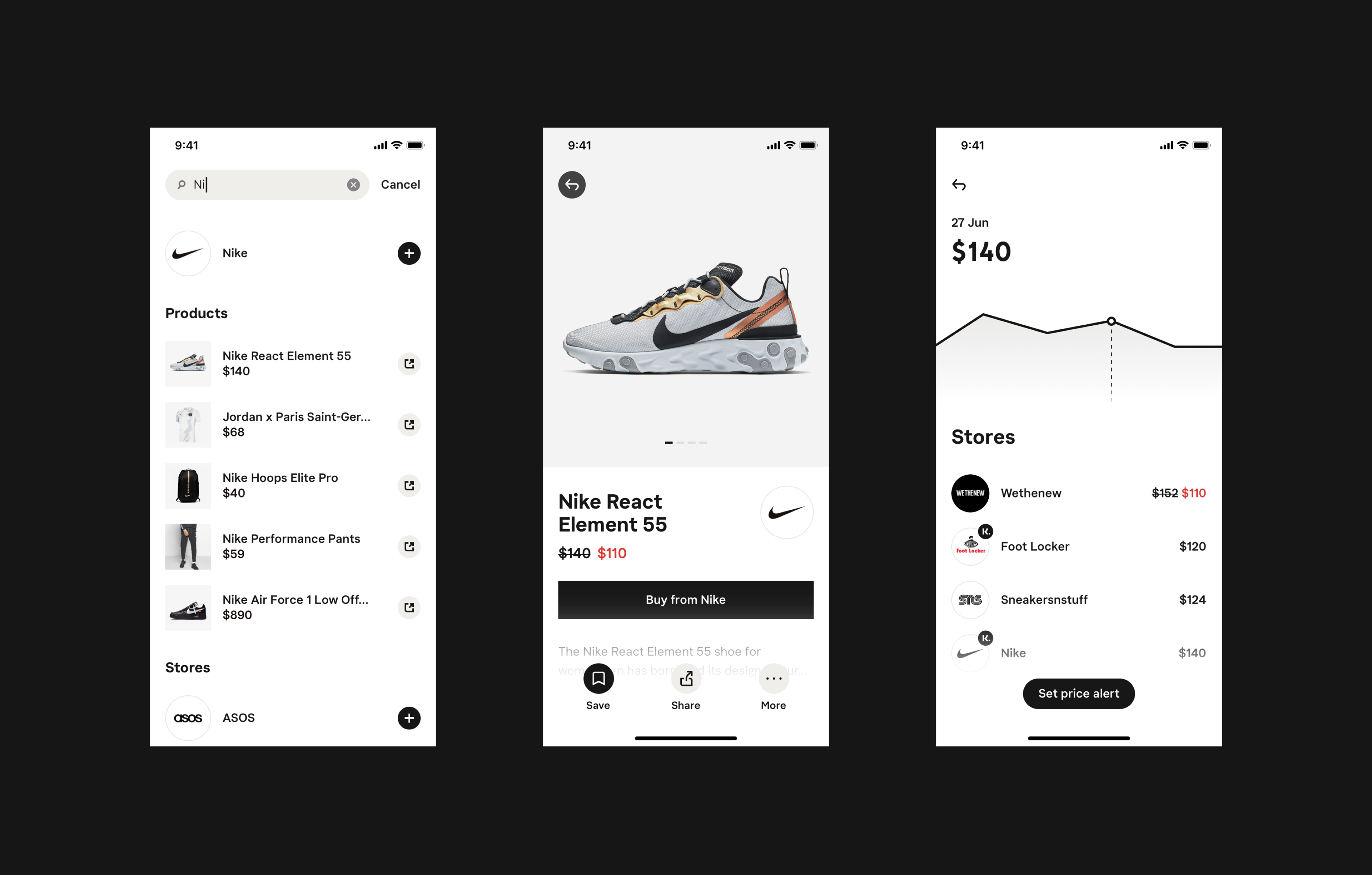 Search, Product page and Price comparison views.