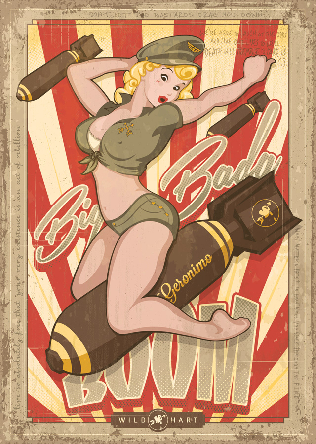 Retro Vintage Style Modern Bomber Girl Pin-up Illustration - Print for Sale