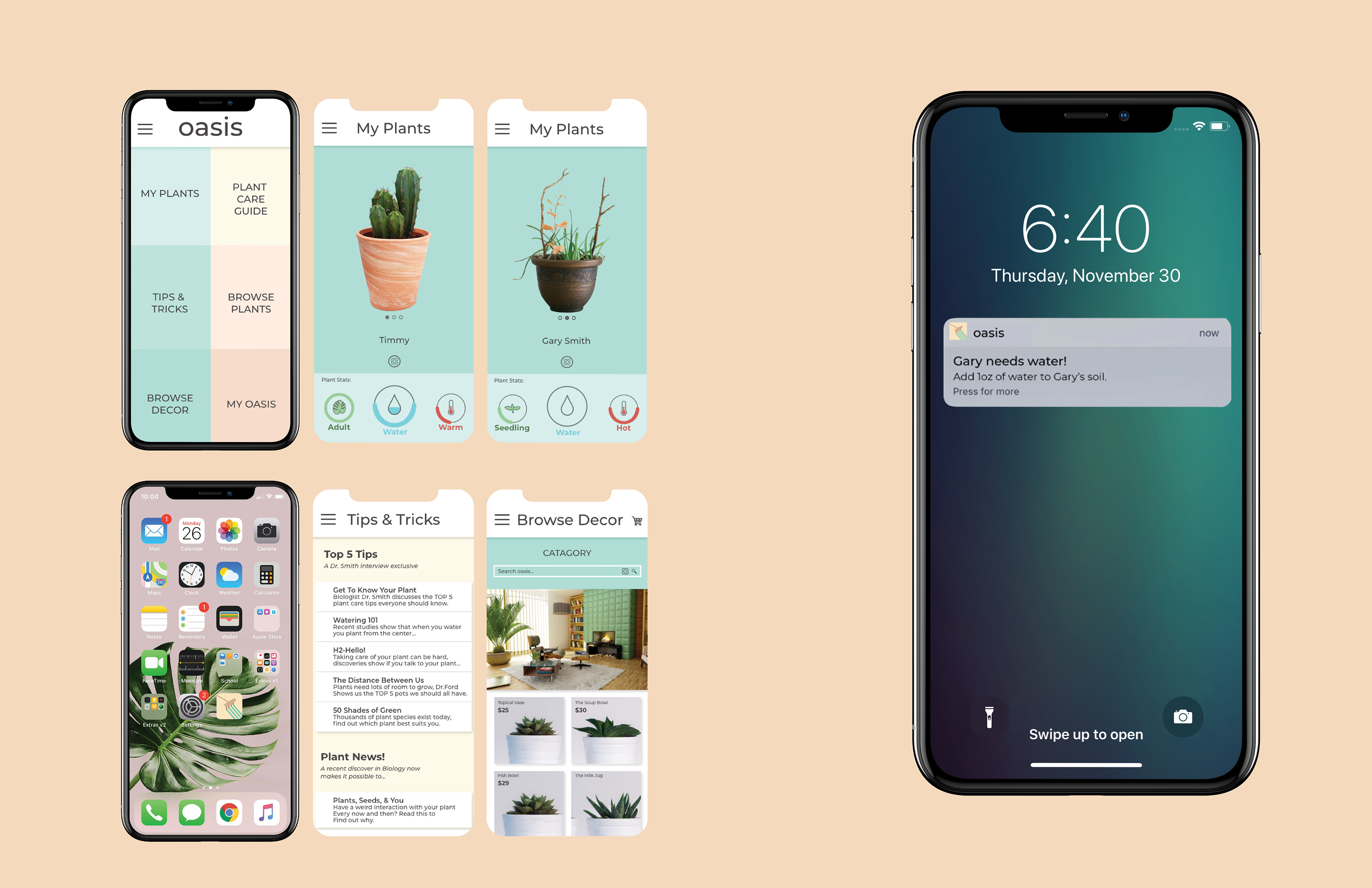 The app offers a beginner plant care guide, tips and tricks, related news articles, a catalog of plants and decor, and a personal profile to showcase your plants and share them with your friends.