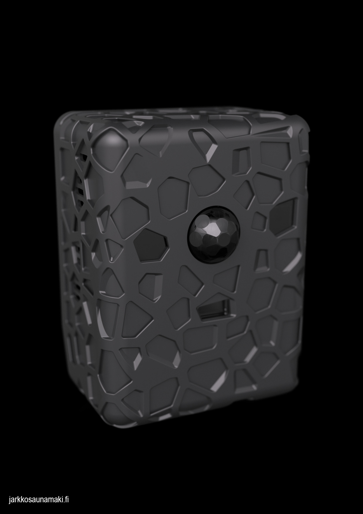 Front view with camera and sensor lenses. Ventilation is visible on the left side.