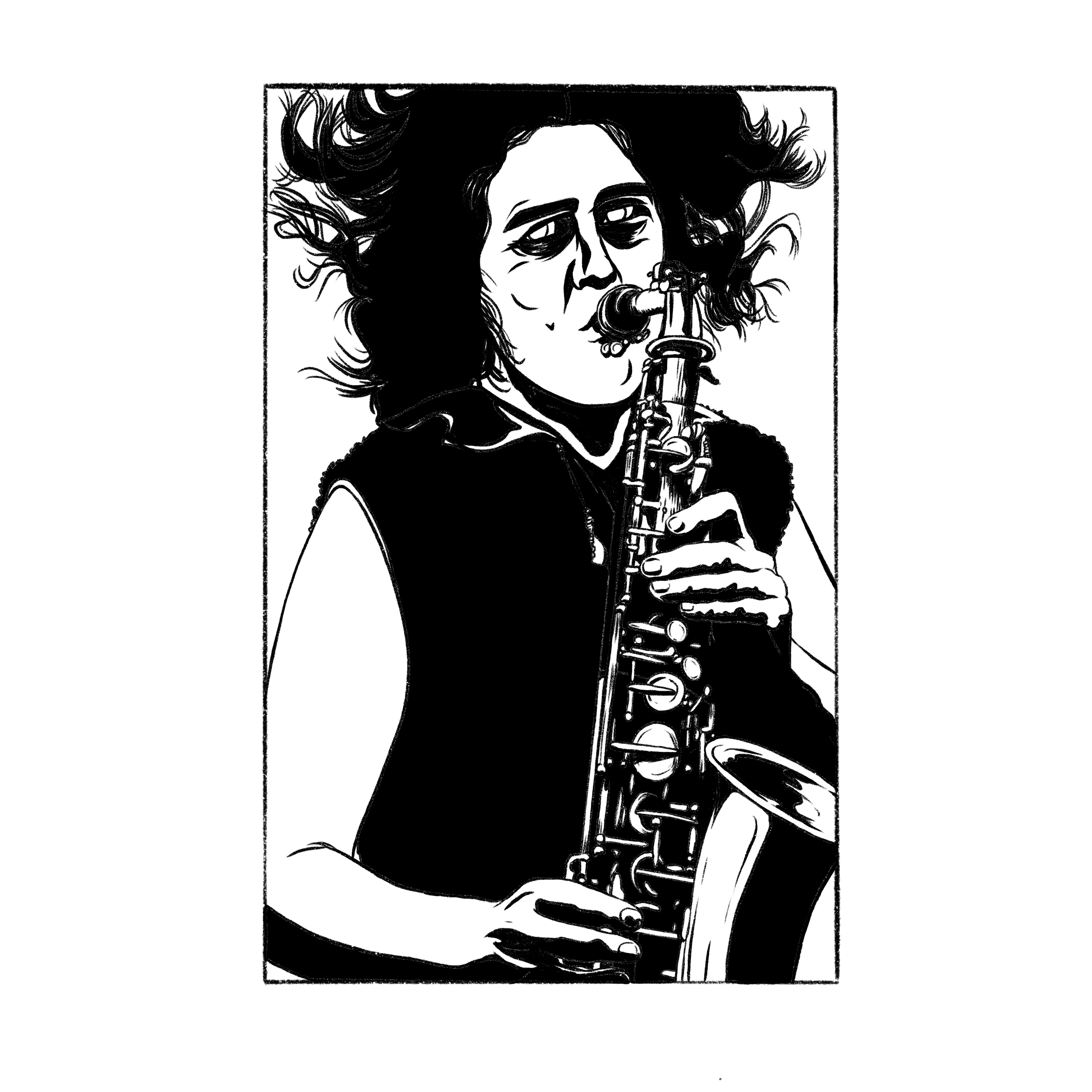 Lotte Gerson playing the saxophone from a photo by T. Lux Feininger