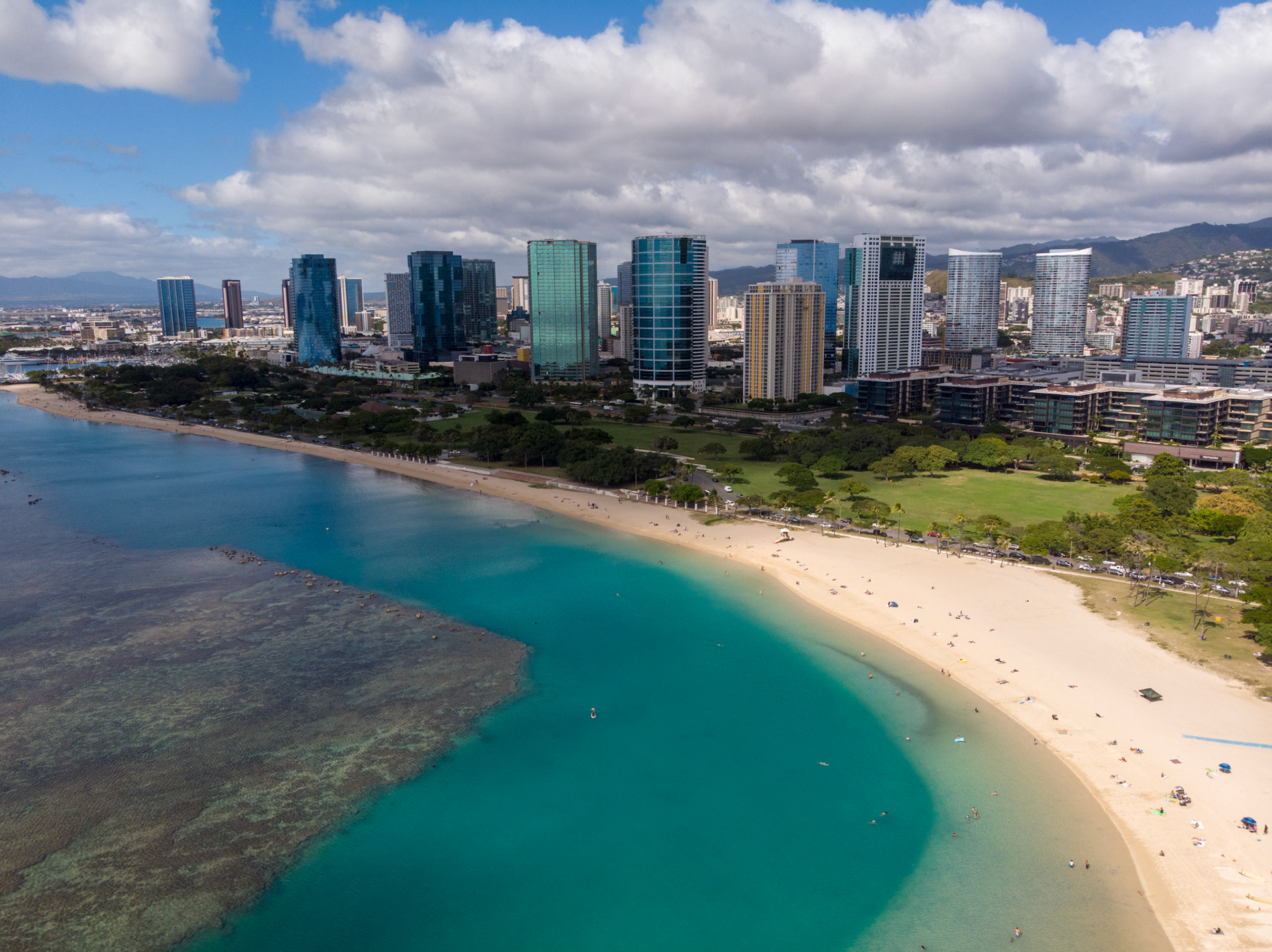 Aerial shot of the Ala Moana Beach.