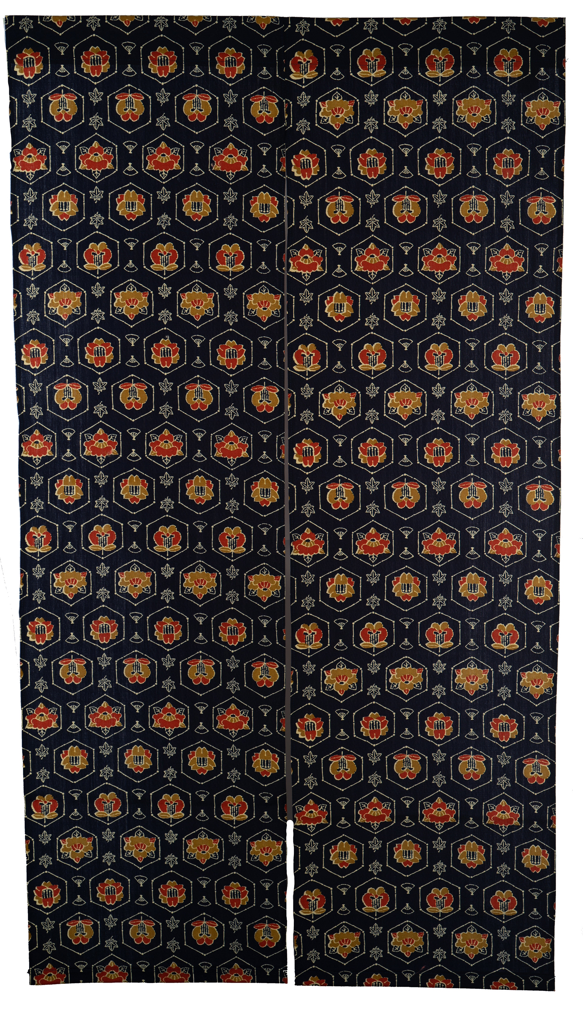Kimono Wool Noren - Dark Blue with Orange Flowers and White Bamboo