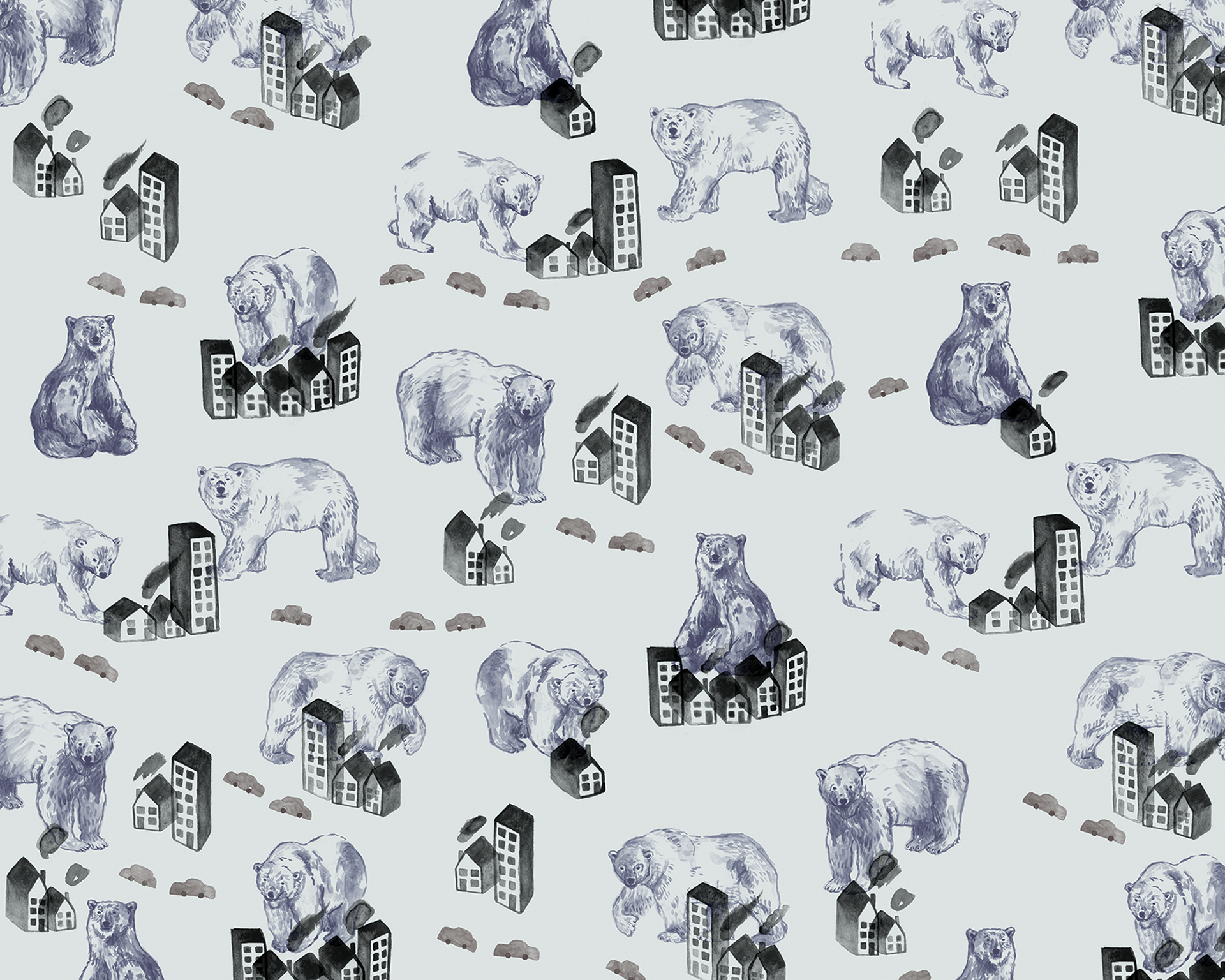 Repeat pattern designs of polar bears wandering through cities