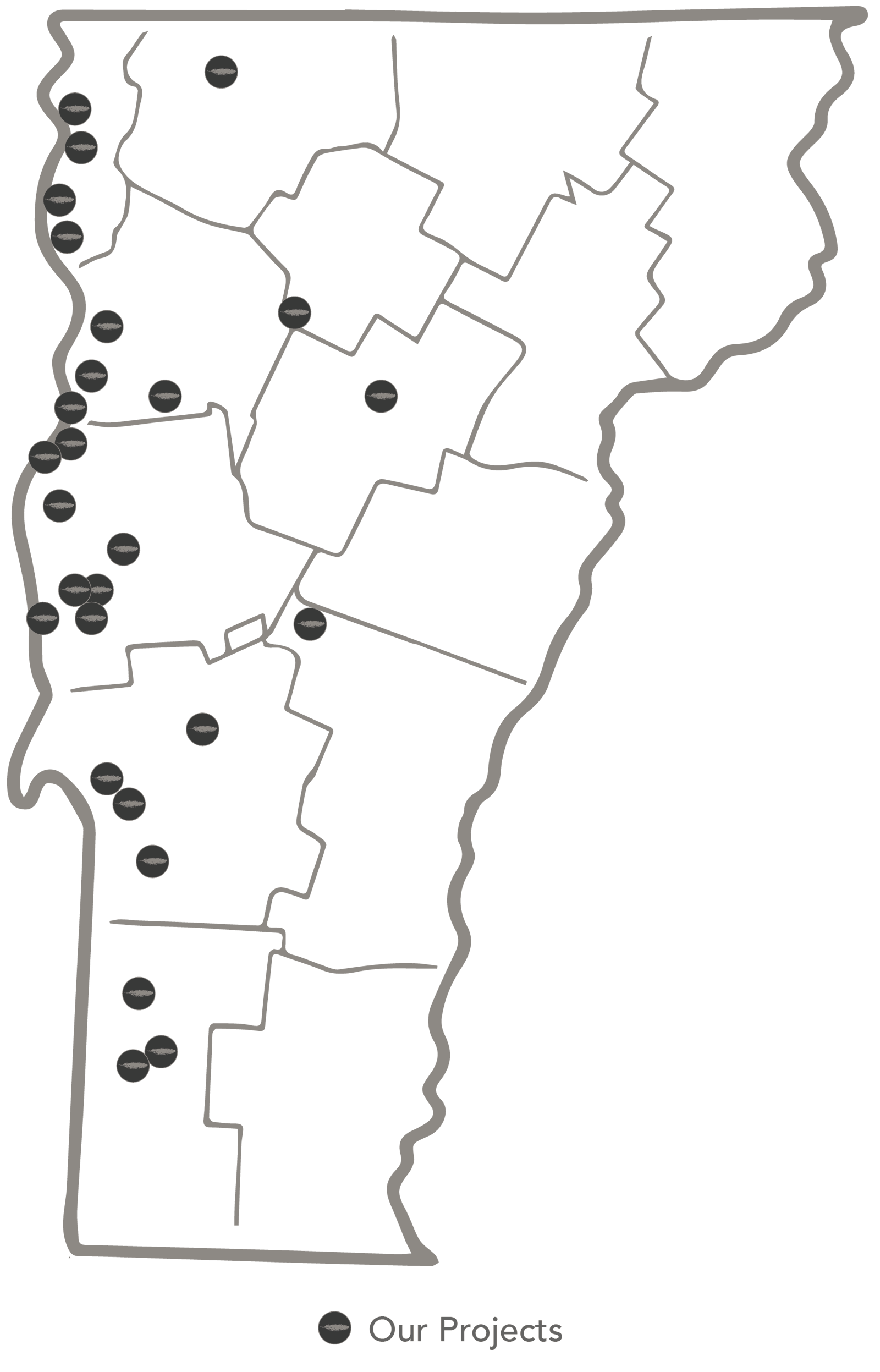 Goose Creek projects map with logo themed dots at project locations throughout the state of Vermont