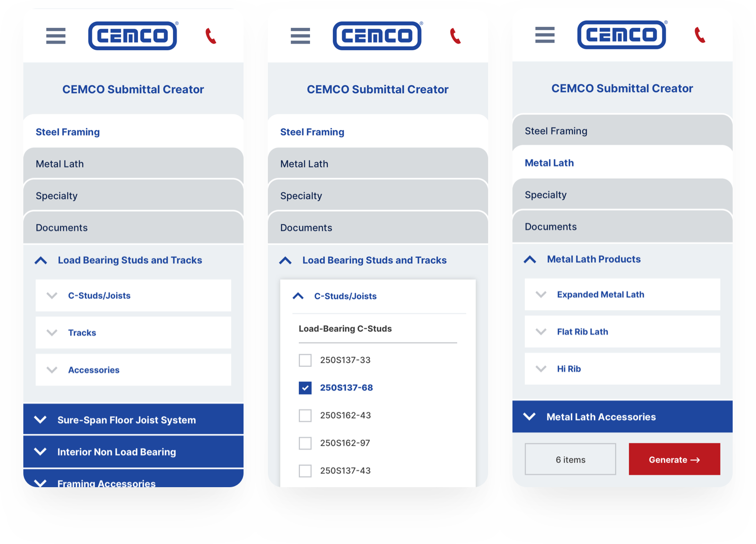CEMCO — Submittal Creator Mobile Mockups