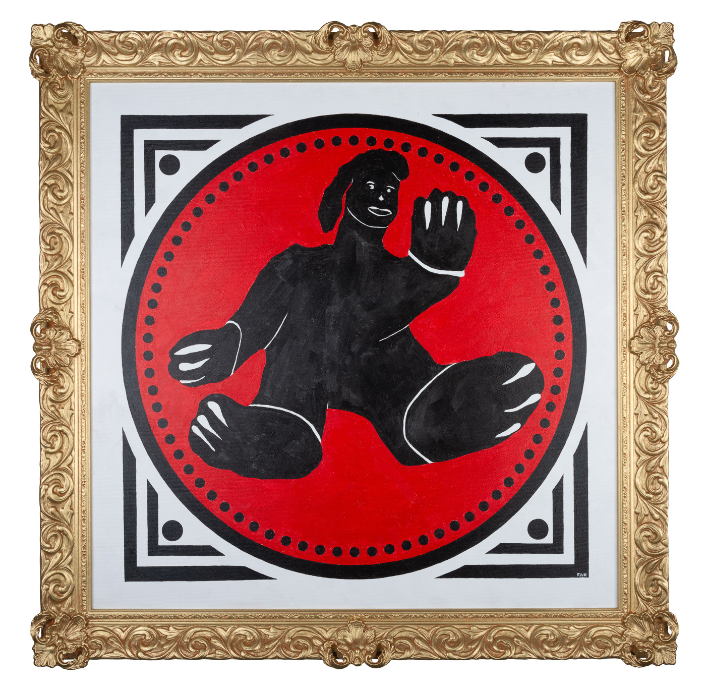 A black monsters stands in the middle of a red circle with black dots and embellishments. White background. Very dramatic. Very fancy Rococo handmade gold painted frame