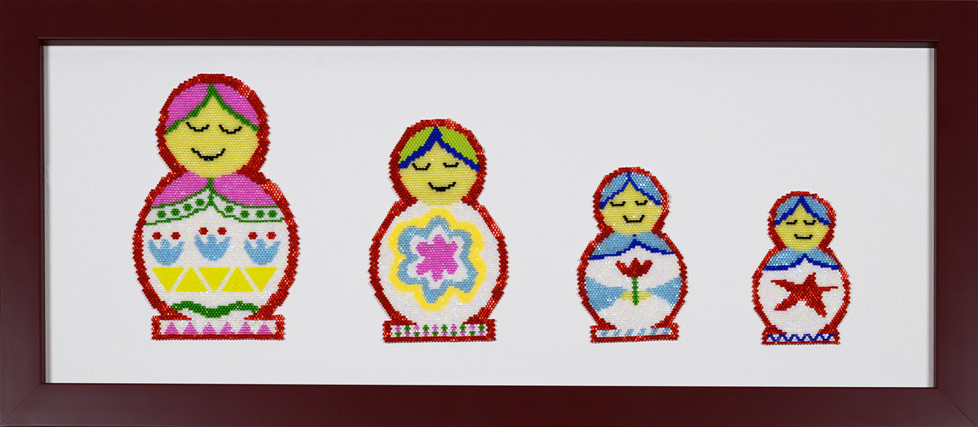 A set of four Russian dolls are created in hand woven Miyuki beads, multicoloured and each unique with head scarves, flowers and stars. Wood frame