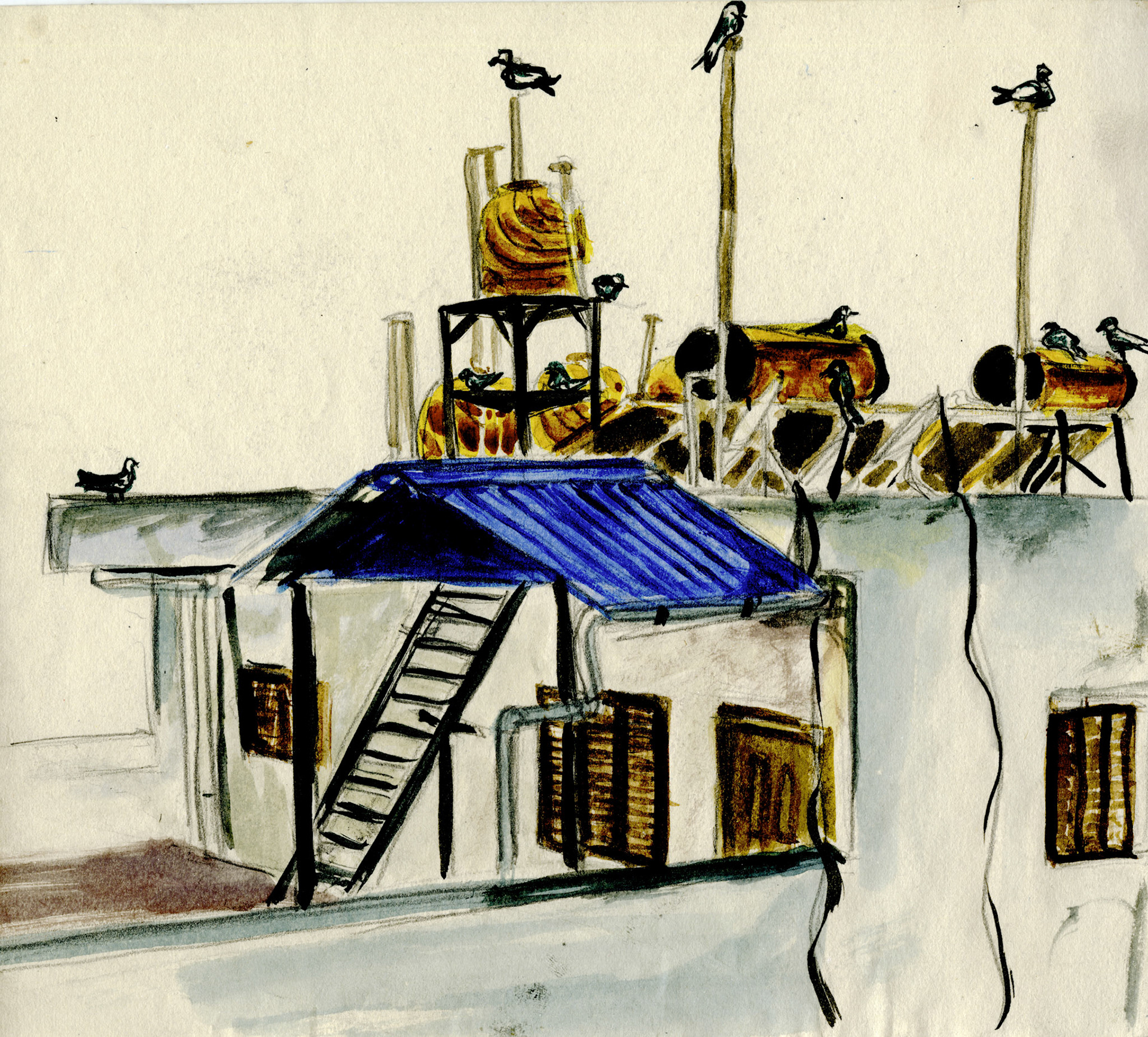 View of the Kormalangan rooftops (Bangalore, India). Water colour and black ink, 210 by 230. Right: black ink, A3. December 2015.