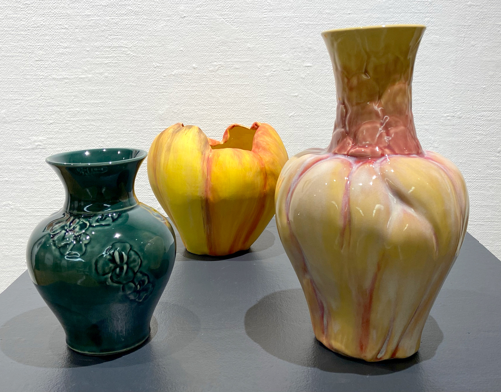 "Emerald Falls," Altered & Carved Porcelain | "Paprika," "Saffron & Sumac," Altered Porcelain with Velvet Underglazes