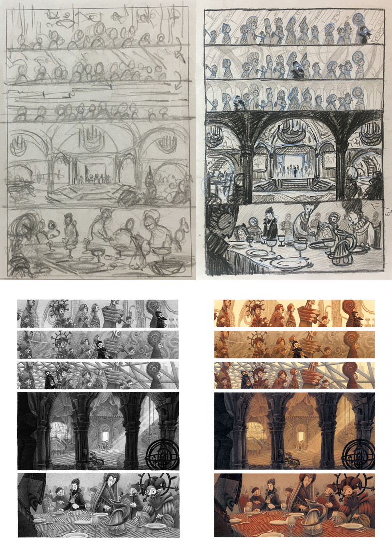 Réalisation d'une planche (crayonné de mise en place, story-board, planche finale, mise en couleur numérique)