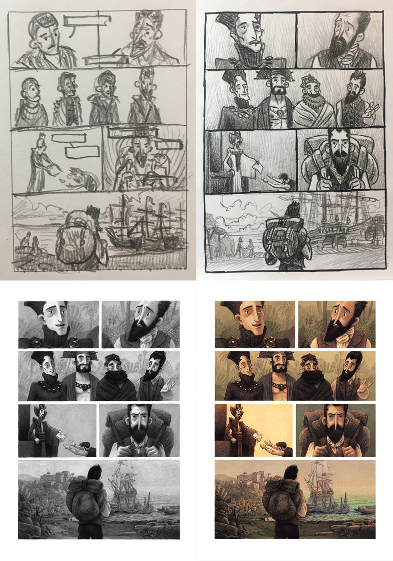Réalisation d'une planche (crayonné de mise en place, story-board, planche finale, mise en couleur numérique)