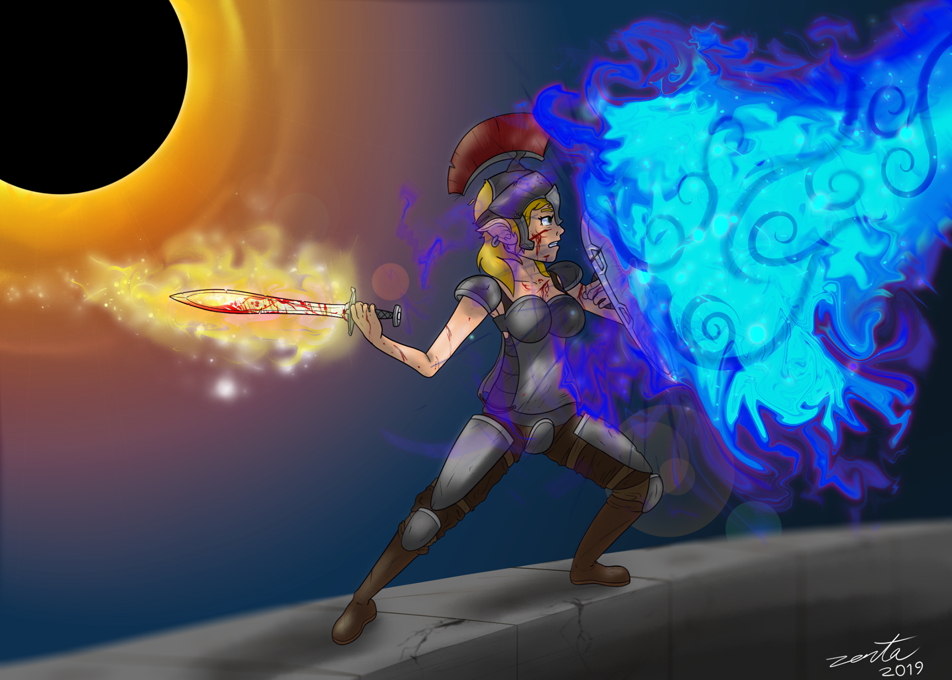 Dark Souls lady knight blocking some blue fire.