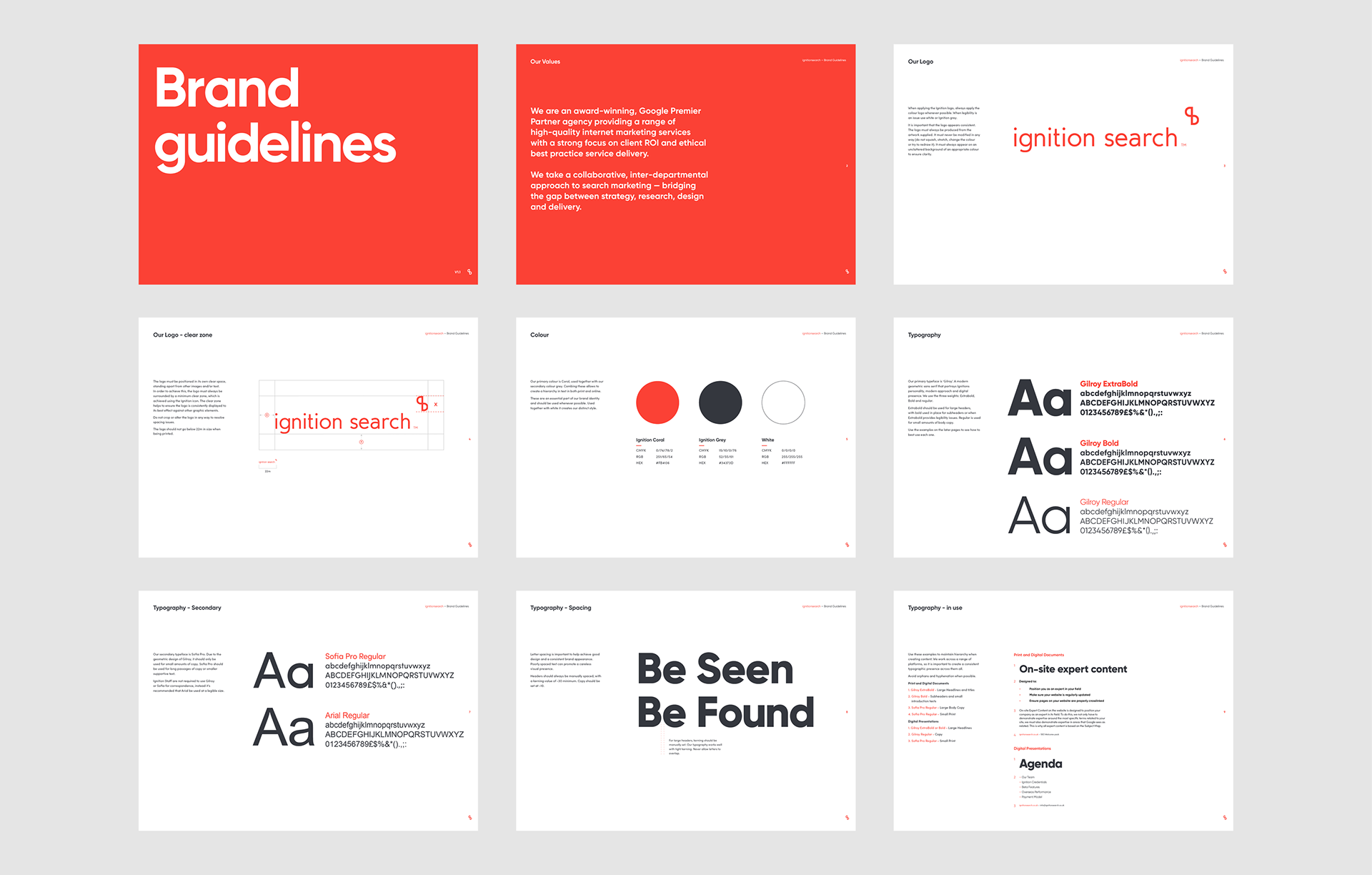 Ignition Search brand guidelines, in a layout 3 x 3