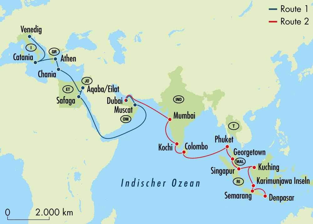 Routenkarte Kreuzfahrt Bail-Dubai-Venedig
