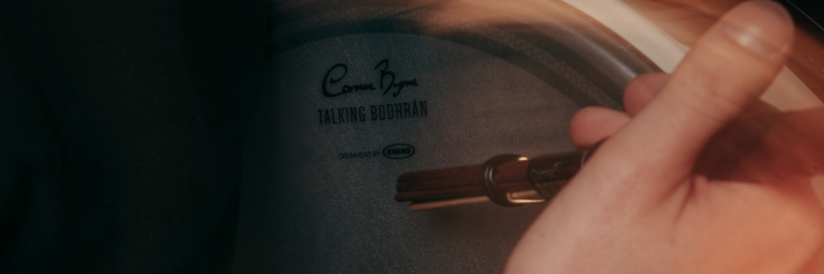 'Talking Bodhran' branding on drum skin
