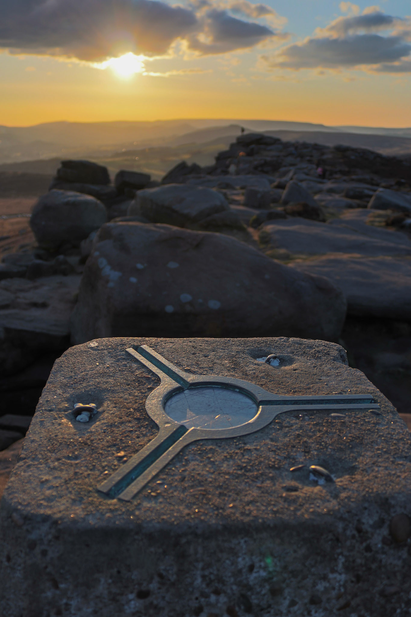 Stanage Edge Trig Point with sunset fast approaching