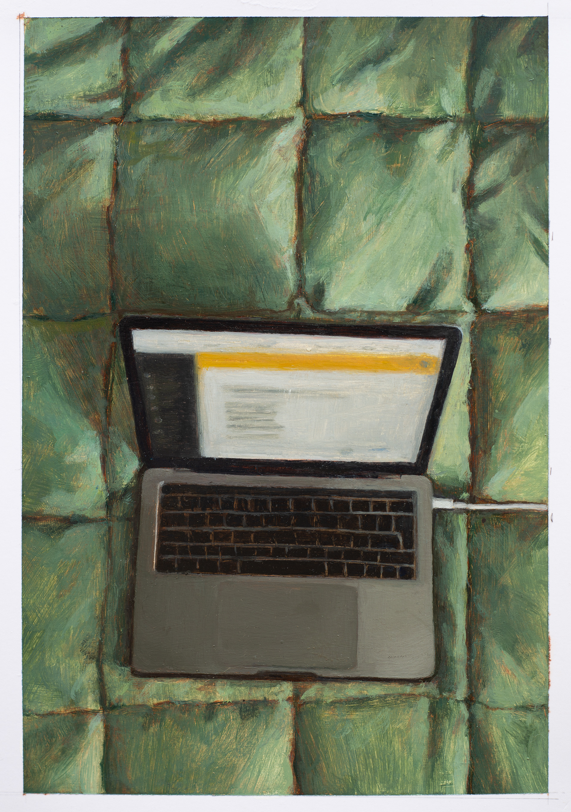 For Newlyn Art Gallery. A laptop sits on a green duvet. A white cable comes out of the laptop near to the right. The screen is blurred ith a yllow strip Its a submission page for Falmouth Uniersity