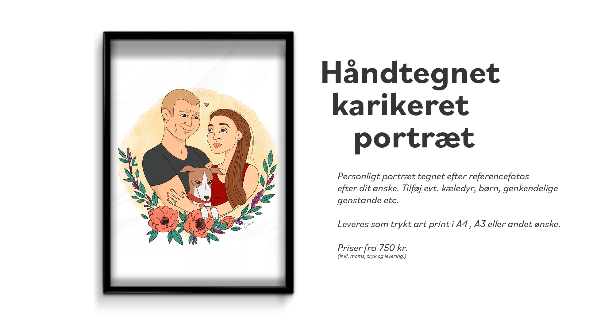 Håndtegnet karikeret portræt. Personlige portræt tegnet efter referencefotos efter dit ønske. Tilføj evt. kæledyr, børn, genkendelige genstande etc. Leveres som trykt art print i A4, A3 eller andet øsnke. Priser fra 750 kr. (inkl. moms, tryk og levering)