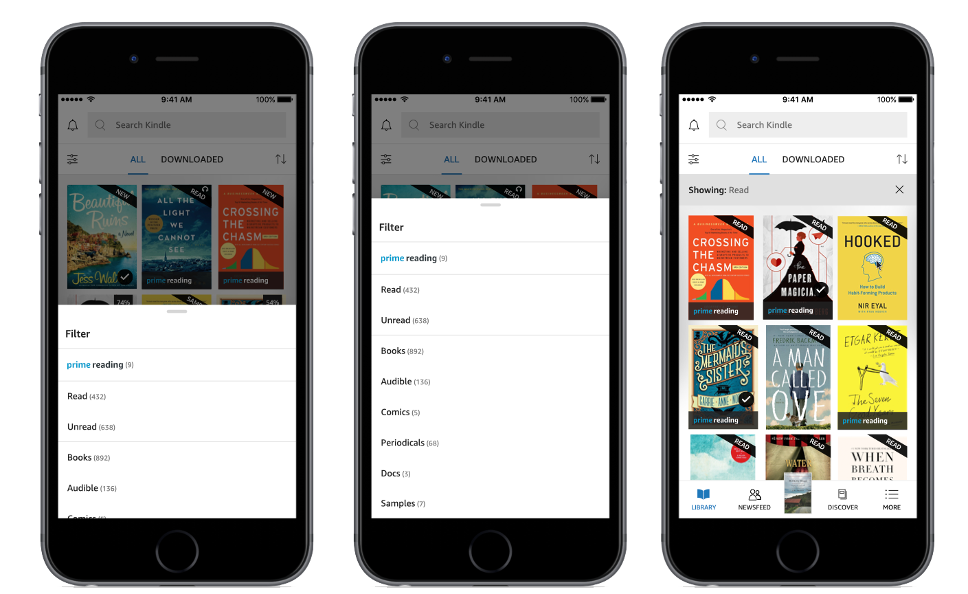 Three iPhones. The first phone shows a view of the Kindle application library with a bottom menu open taking up half the screen hight showing filter options. The second phone shows the same menu with filter options taking three-quarters of the screen, revealing more options. The third phone shows the Kindle app library with a grid view of books. Above the grid, is a bar with the label "Showing: Read" and a close button indicating the filtered view.