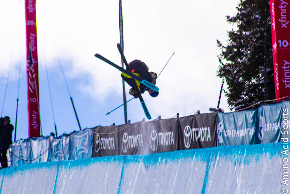 On his 1st Run, Tahoe's David Wise corks his 900* heli mute grab.