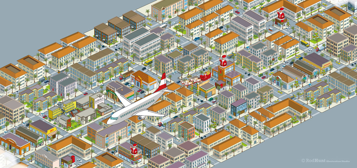 Isometric Los Angeles city illustration animated for a Christmas short film
