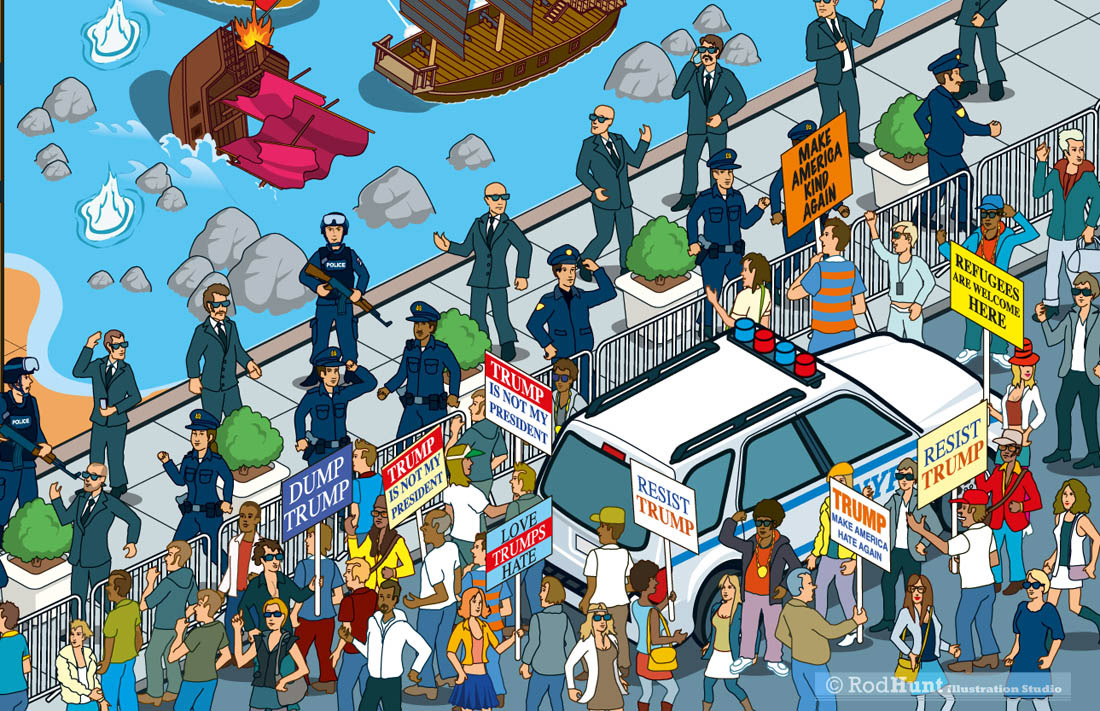 Illustrations of a political protest outside Trump Tower