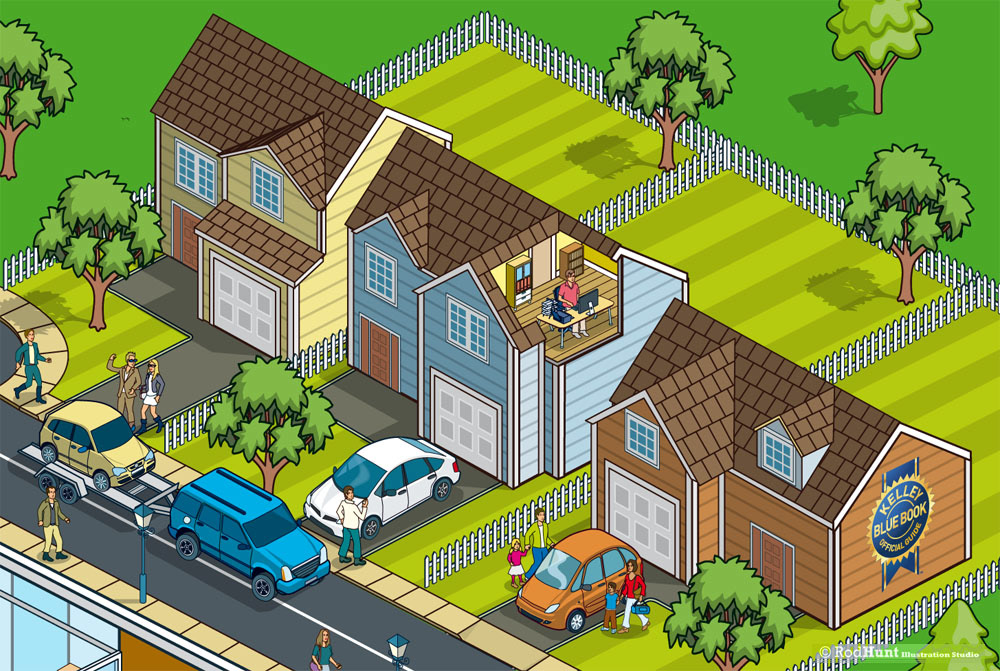 Isometric illustrations of homes showing the car consumer