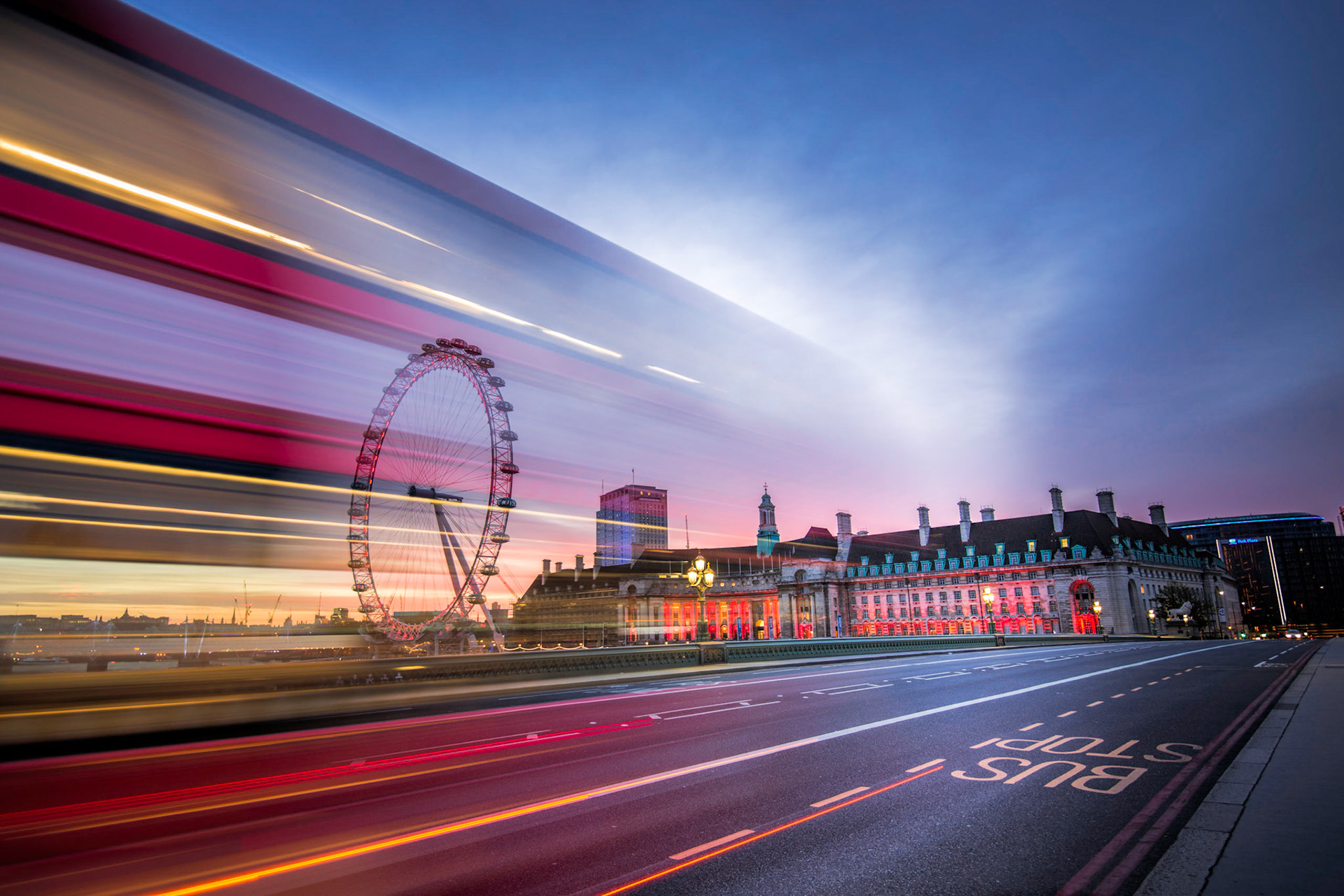 Double decker bus on London. There was no vehicle but this bus as it was just minutes before sunrise.