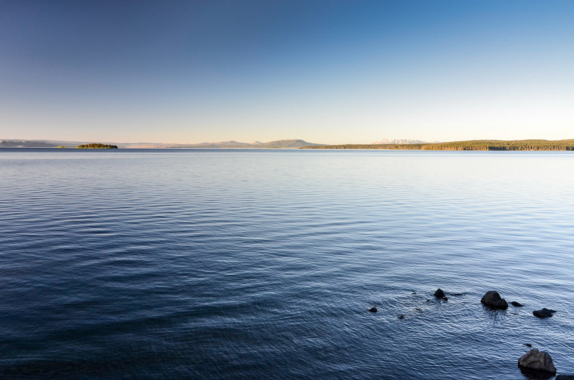 Early morning view across Yellowstone Lake from the Lake Yellowstone Hotel