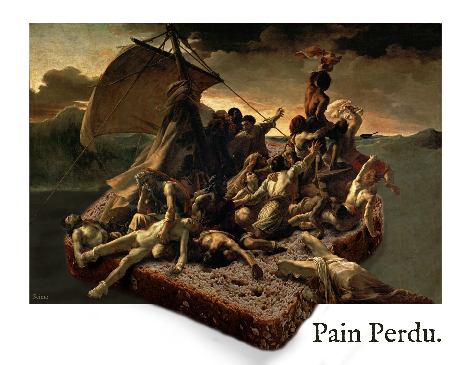 [2019] " Pain Perdu", détournement du Radeau de la méduse de Géricault. Pour l'ouvrage " trois tranches de pain perdu " de Dominique Sampiero. Éditions Cours Toujours .