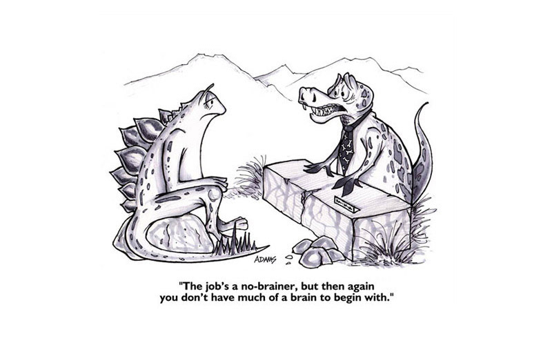 cartoon illustration of a dinosaur interviewing another at a stone desk