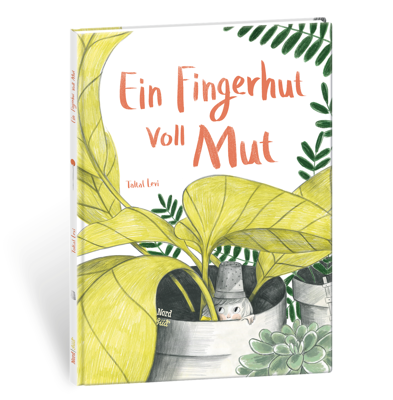 Ein Fingerhut voll Mut. A Little Courage. Through the eyes of a child, the world is full of adventure! A teacup-sized little girl discovers a playground in a potted plant, and the perfect swimming pool in a glass of water. Then when she sees a mysterious shadow lurking beyond her books and paper clips, she must summon her courage. But wait! Could this fluffy, purring creature be a friend? Taltal Levi's evocative text and illustrations tell an inventive story about courage, imagination, and friendship. Ein Winzling erobert die Welt: Topfpflanzen sind ein wunderbarer Kletterpark, und ein Wasserglas ist der perfekte Swimmingpool. Doch zwischen Klorollen und Büroklammern lauert eine große Gefahr. Da nimmt das kleine Wesen all seinen Mut zusammen und geht zum Angriff über. Der vermeintliche Feind entpuppt sich als flauschiger Freund, und von nun an erleben die beiden alle Abenteuer gemeinsam. Taltal Levi erzählt mit einer reduzierten Farbpalette und mit leuchtenden Akzenten eine einfühlsame Geschichte über Mut und Freundschaft. Das eindrückliche Debüt einer Absolventin der Hochschule für Gestaltung in Luzern.