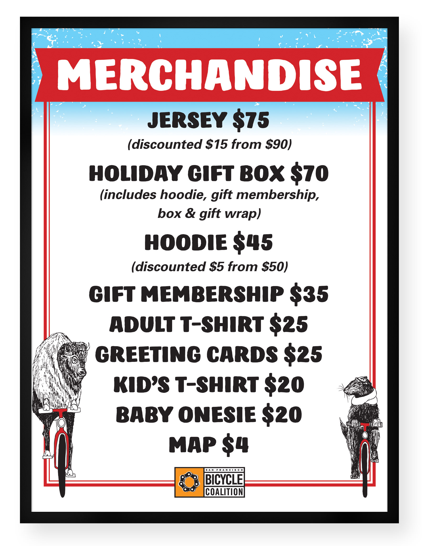 Merchandise menu board, 24" x 36."