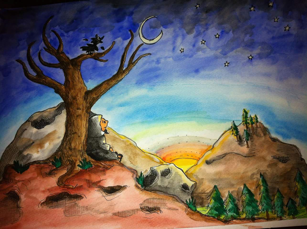 Sunset in the Valley - watercolor & ink