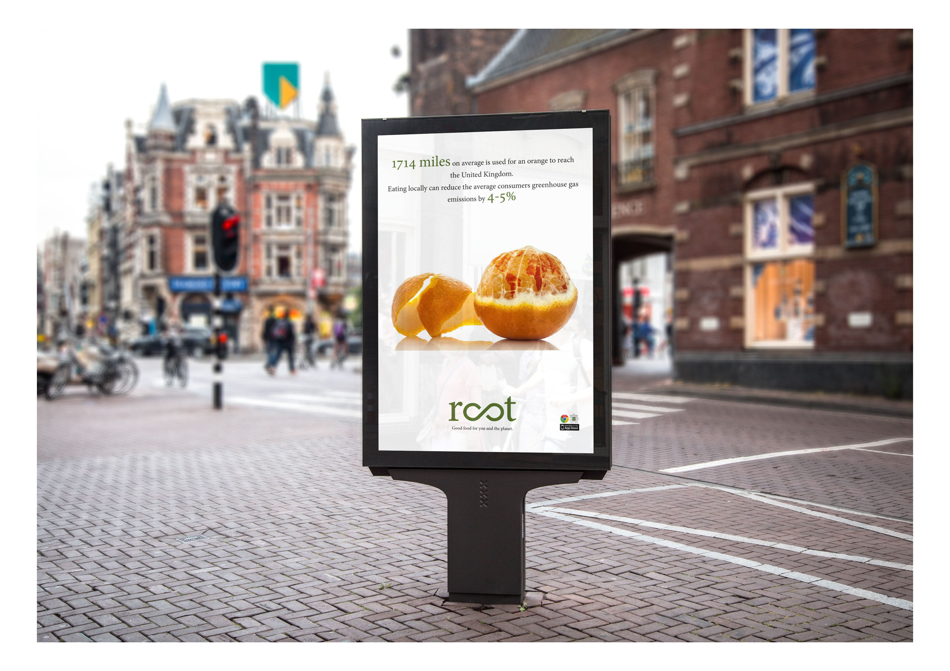 climate change ad campaign with an orange with a world map on to show food miles by melissa carne designer in cornwall