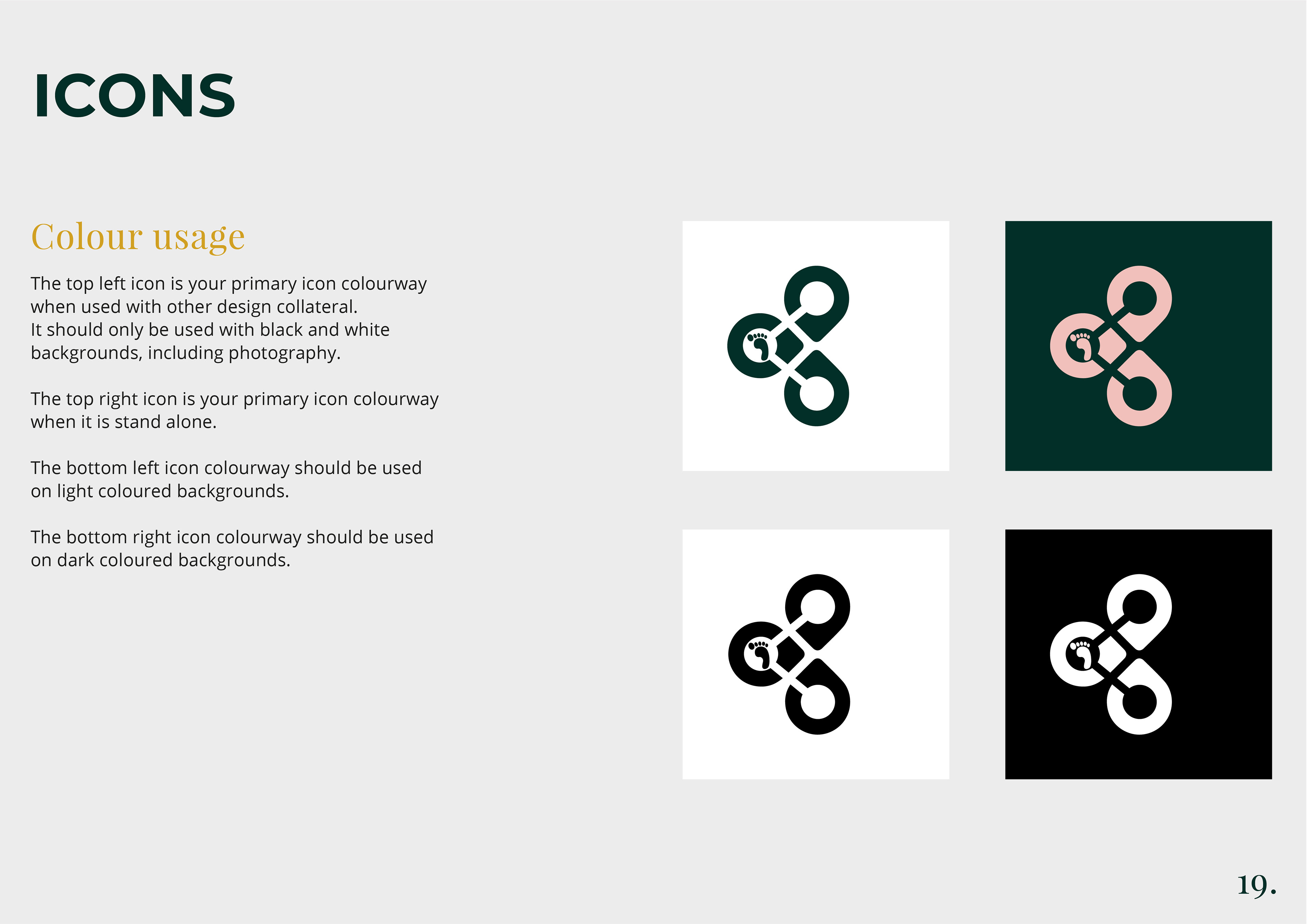 walk icon of brand guidelines for now and then by freelance graphic designer melissa carne