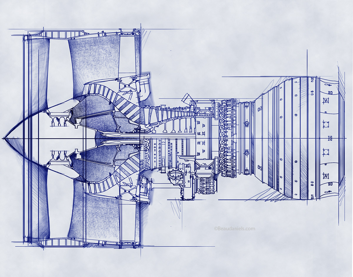 Cross section technical drawing of a turbine engine.
