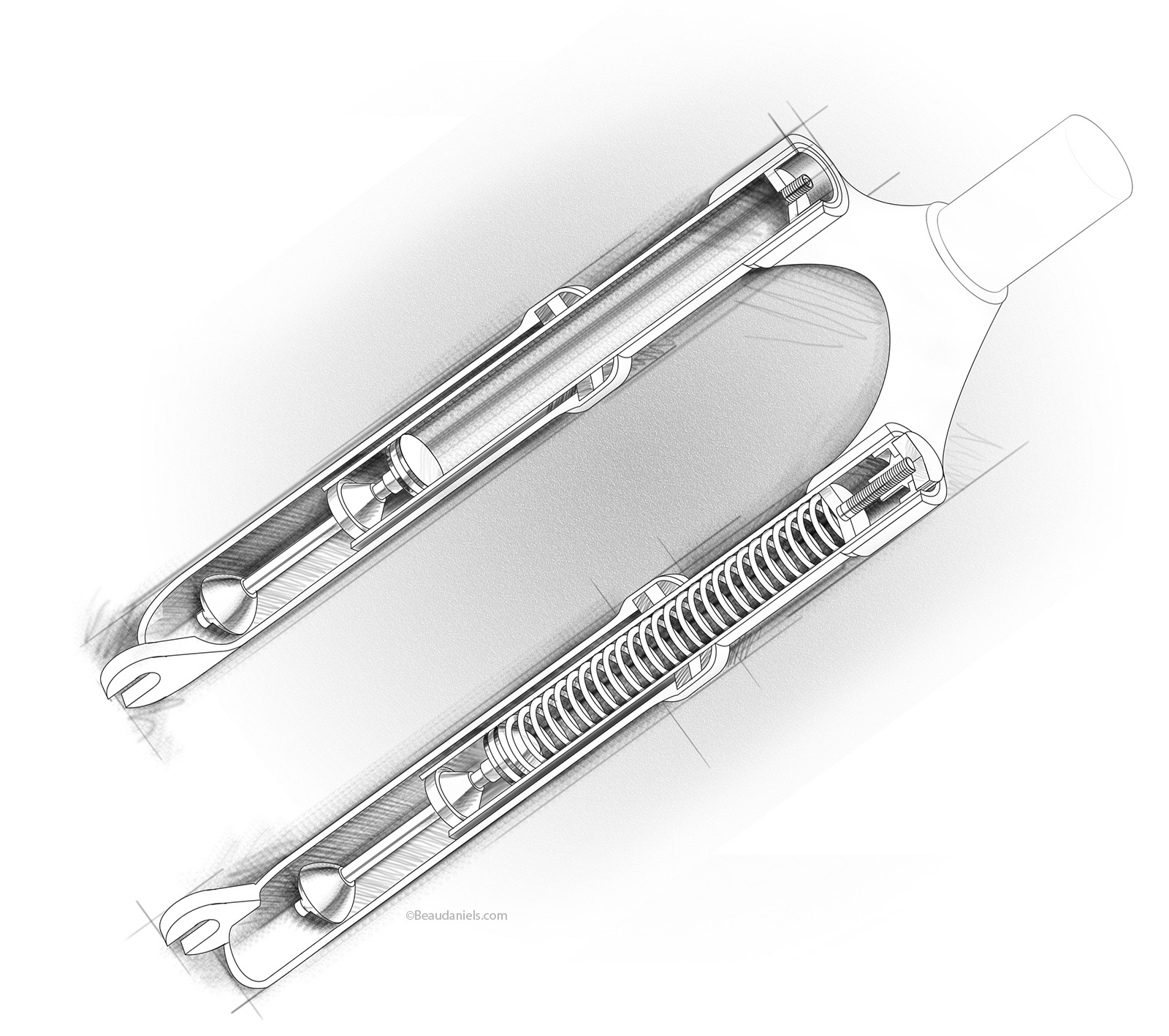 Cutaway technical illustration of a bicycle front suspension.