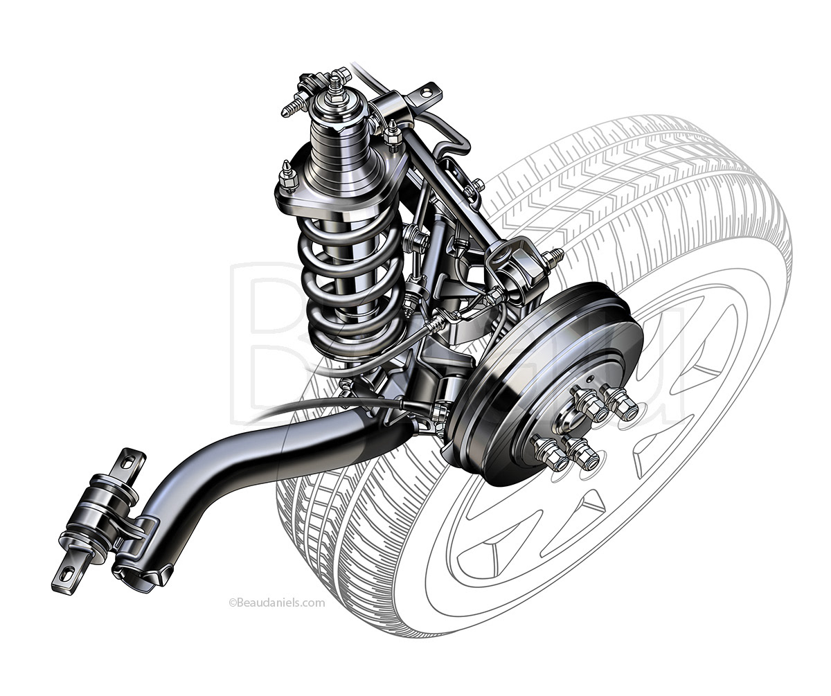 Technical illustration, Beau and Alan Daniels. Car suspensions