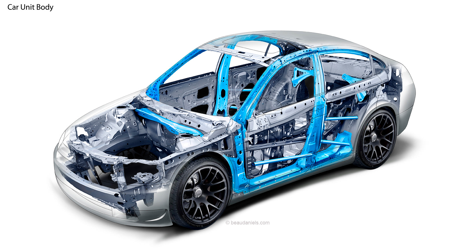 Technical illustration, Beau and Alan Daniels. Generic cutaway car.