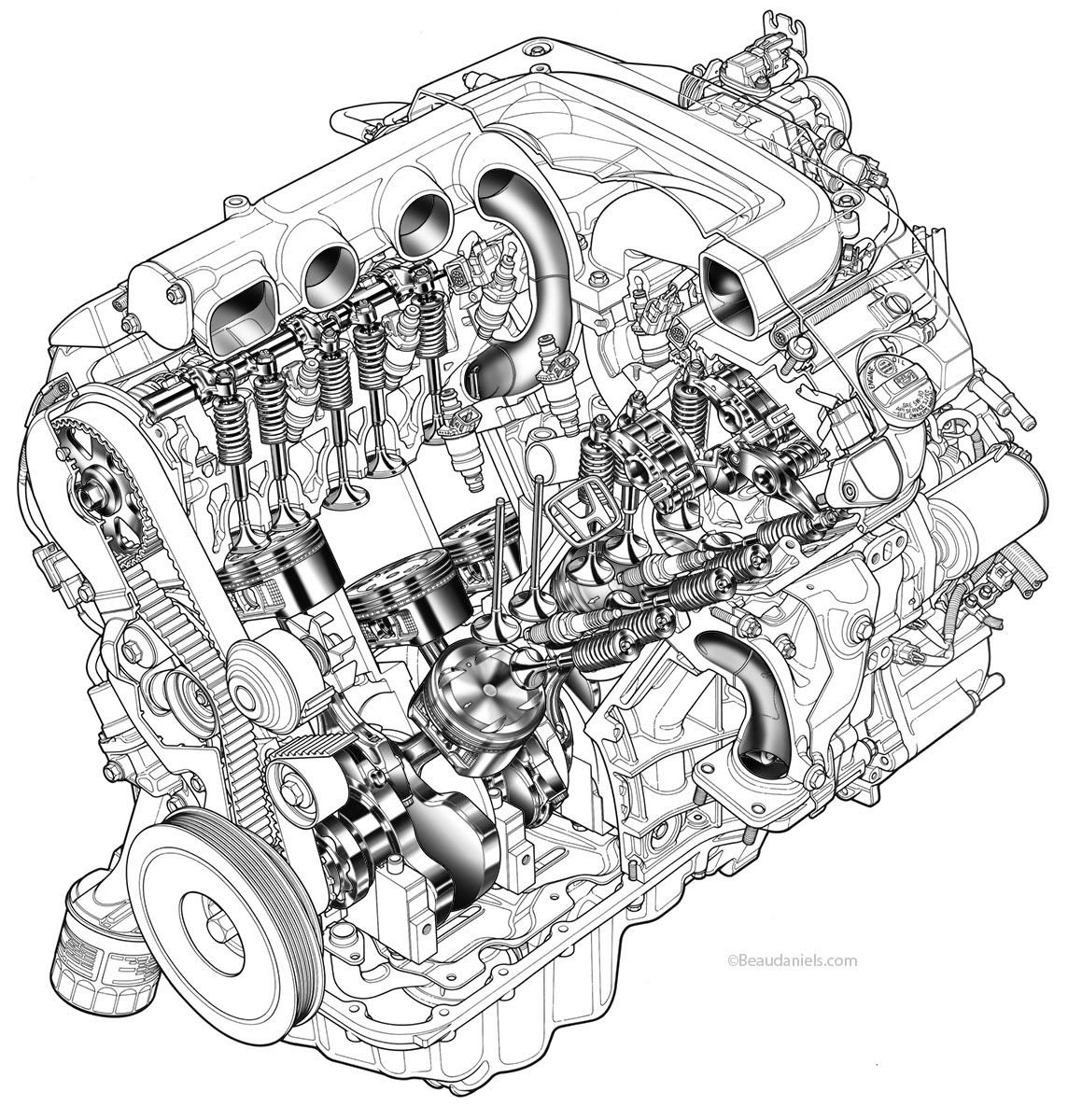 Technical illustration, Beau and Alan Daniels. Generic car engines