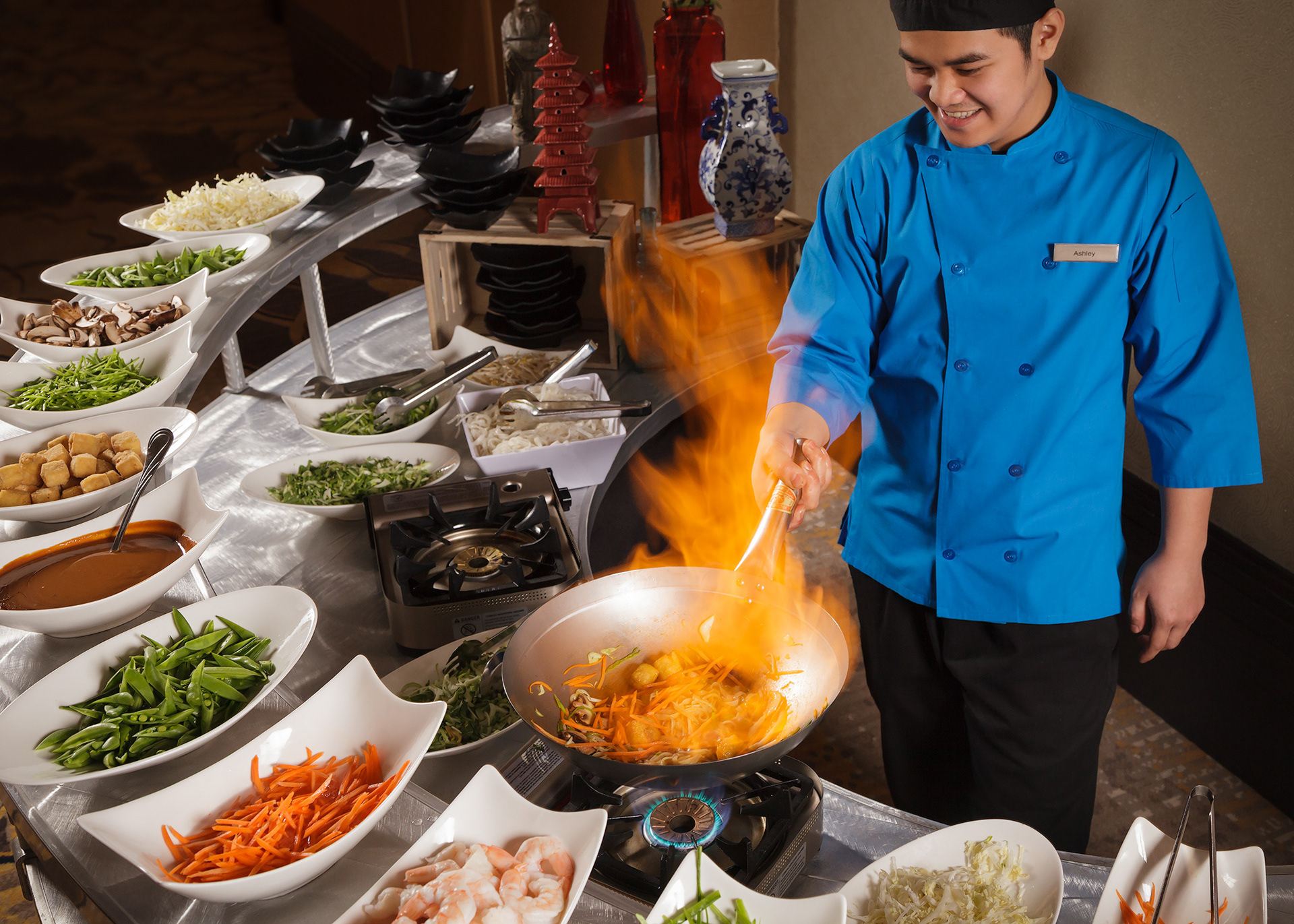 Hospitality photography of Hilton Granite Park hotel special chef stir fry station