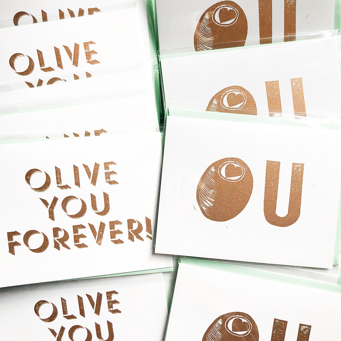 Custom letterpress and linoleum print cards for Golden Isles Olive Oil Company.