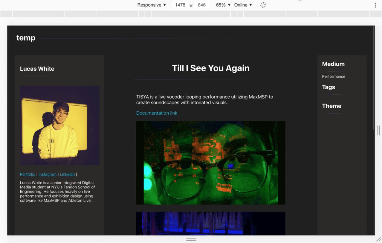 A GIF of a webpage with 3 columns, each with content about the project and the person who's project it is. On the left is a persons name, below that is a photo of that person and below that is snippets of information about the person. In the middle is the project title and below that is text about the project and then below that are images of the project. On the right there are headline text which read Medium and Tags and below those headlines are bullet lists indented to the right.